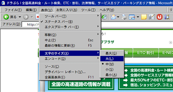 Internet Explorer文字サイズ変更画面