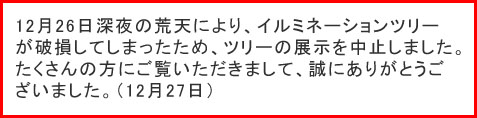12月26日深夜の荒天により、イルミネーションツリーが破損してしまったため、ツリーの展示を中止しました