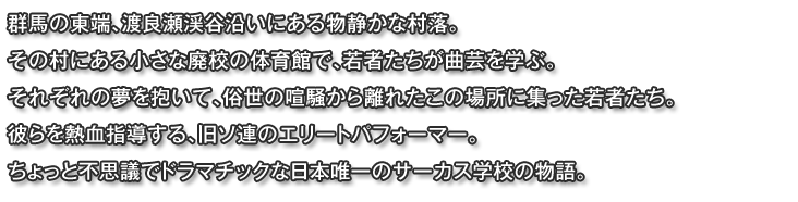 群馬の東端、渡良瀬渓谷沿いにある物静かな村落。その村にある小さな廃校の体育館で、若者たちが曲芸を学ぶ。それぞれの夢を抱いて、俗世の喧騒から離れたこの場所に集った若者たち。彼らを熱血指導する、旧ソ連のエリートパフォーマー。ちょっと不思議でドラマチックな日本唯一のサーカス学校の物語。
