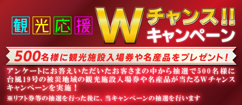 観光応援Wチャンスキャンペーン 500名様に観光施設入場券や名産品をプレゼント！アンケートにお答えいただいたお客さまの中から抽選で500名様に台風19号の被災地域の観光施設入場券や名産品が当たるWチャンスキャンペーンを実施！※リフト券等の抽選を行った後に、当キャンペーンの抽選を行います。のイメージ画像