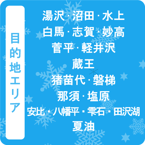 目的地エリア　湯沢・沼田・水上　白馬・志賀・妙高　菅平・軽井沢　蔵王　猪苗代・磐梯　那須・塩原　安比・八幡平　夏油