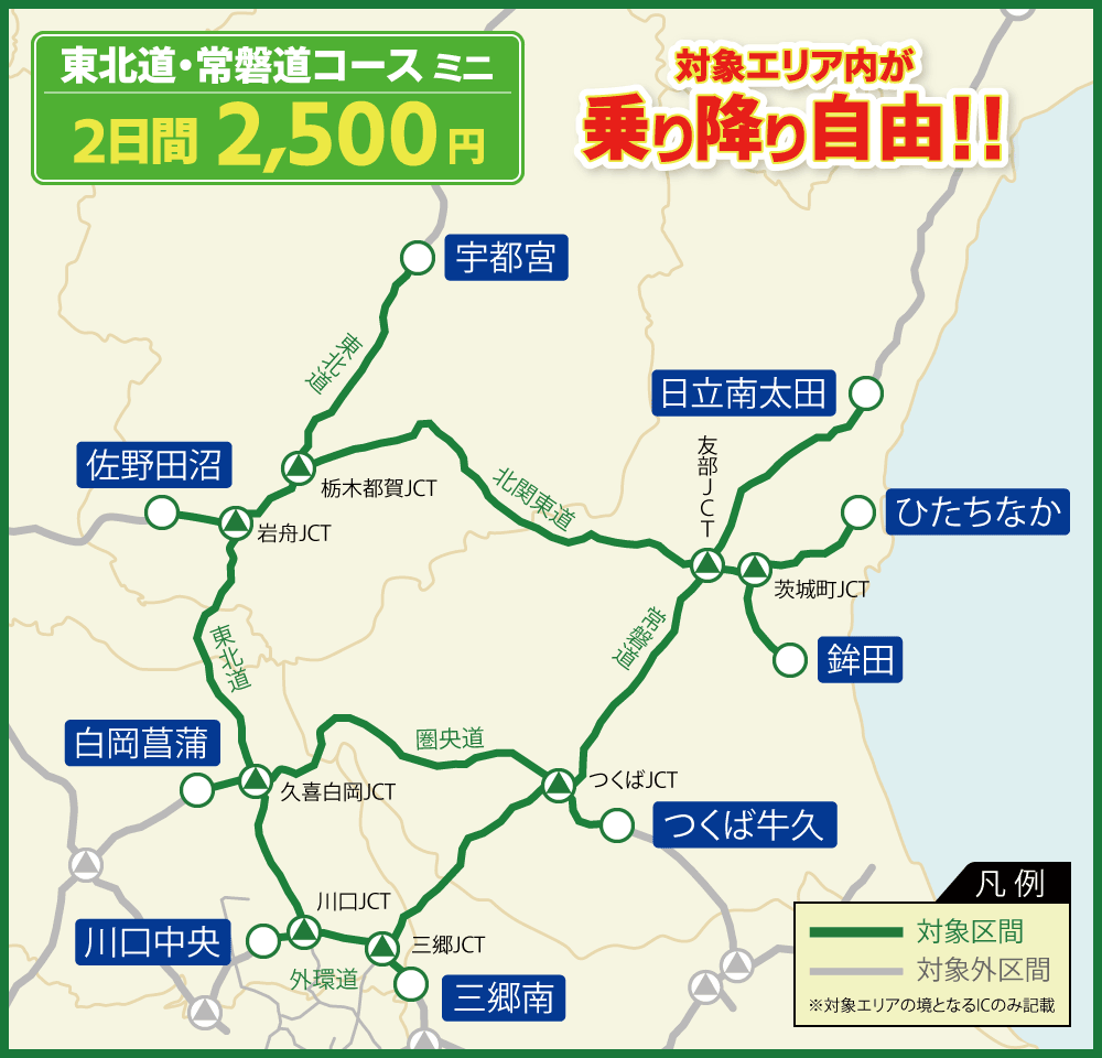 東北道・常磐道コースミニ 対象エリア内が連続する最大2日間乗り降り自由!!