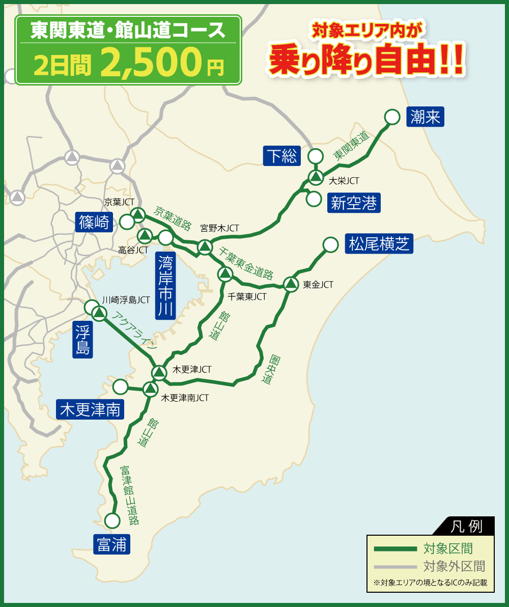 東関東道・館山道コース 対象エリア内が連続する最大2日間乗り降り自由!!