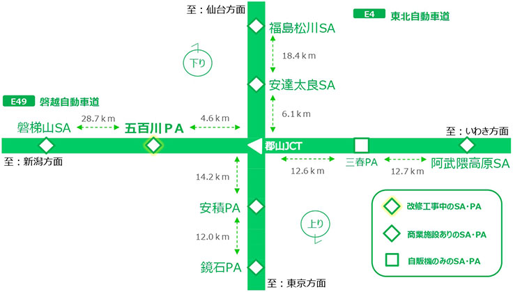 【E49】磐越自動車道 五百川PA(上下線)路線図のイメージ画像