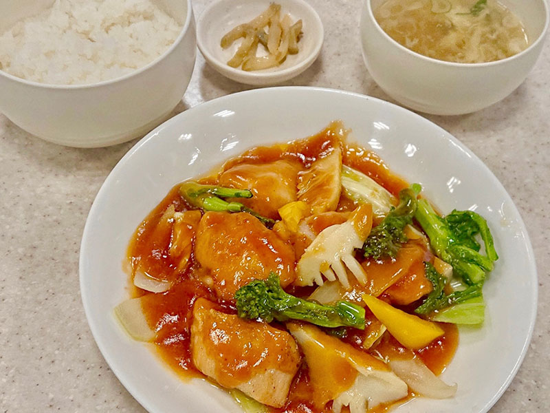 鶏天と春野菜の甘酢炒め定食