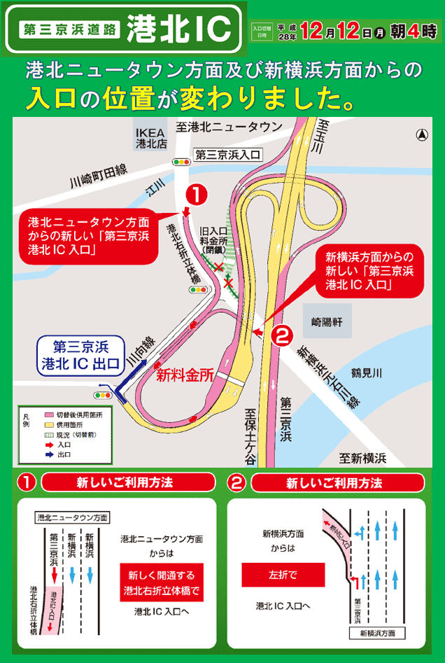 港北ニュータウン方面及び新横浜方面からの入口の位置のイメージ画像