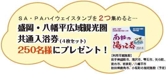 １.スタンプラリーに参加しているＳＡ・ＰＡに設置している、異なる「ハイウェイスタンプ」を２つ集めると『盛岡・八幡平広域共通温泉入浴券（４枚セット）』を抽選でプレゼントします。