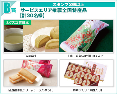B賞 スタンプ2個以上　サービスエリア推薦全国特産品（計30名様）