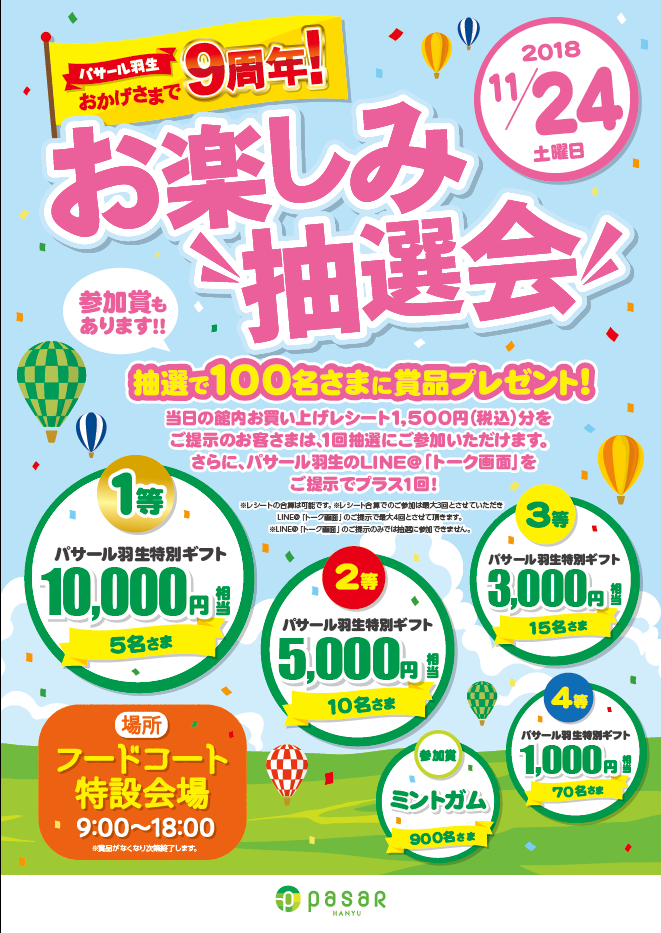 11 24 土 は お楽しみ抽選会 インフォメーション Pasar パサール 羽生 東北自動車道 サービスエリア ドラぷら