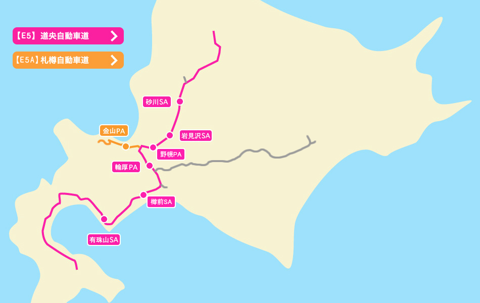 北海道エリアのマップ　砂川SA、岩見沢SA、野幌PA、金山SA、輪厚SA、樽前SA、有珠山SA