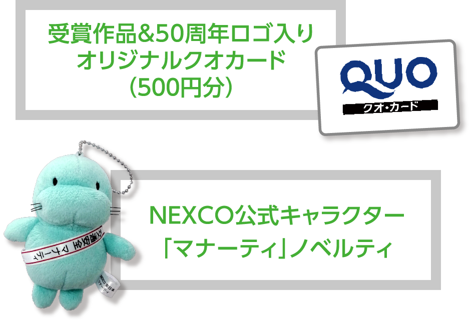 受賞作品＆50周年ロゴ入りオリジナルクオカード（500円分）+NEXCO公式キャラクター「マナーティ」ノベルティ