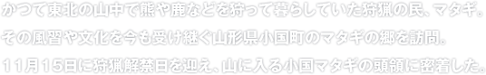 かつて東北の山中で熊や鹿などを狩って暮らしていた狩猟の民、マタギ。その風習や文化を今も受け継ぐ山形県小国町のマタギの郷を訪問。11月15日に狩猟解禁日を迎え、山に入る小国マタギの頭領に密着した。