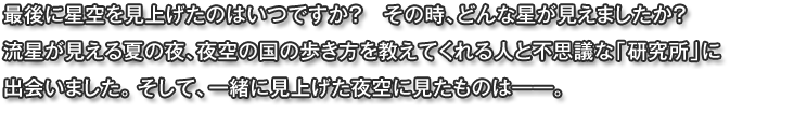 最後に星空を見上げたのはいつですか？　その時、どんな星が見えましたか？ 流星が見える夏の夜、夜空の国の歩き方を教えてくれる人と不思議な「研究所」に出会いました。そして、一緒に見上げた夜空に見たものは―—。
